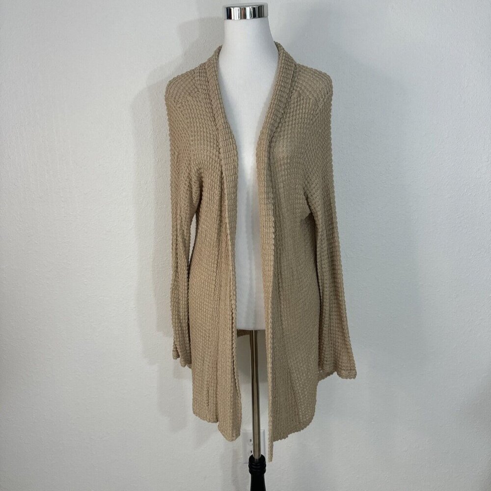 ColdWater Creek Sweater Cardigan Duster Womans 1X 18 Open Front Tan Stretch Knit